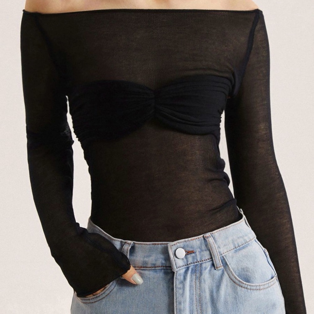 Commense Black Sheer Off-Shoulder Blouse
